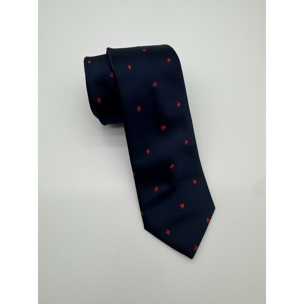 Navy Blue Silk Tie Red Playing Cards Hearts Spades Diamonds Clubs Novelty Mens